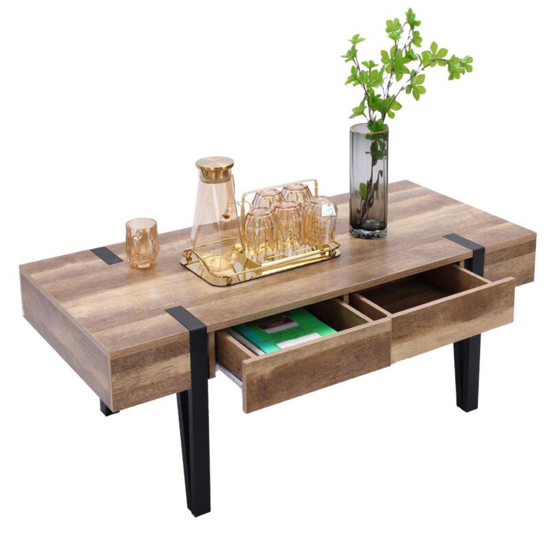 LuxenHome Oak Finish Mdf Wood Black Metal 2-drawer Coffee Table - Image 4