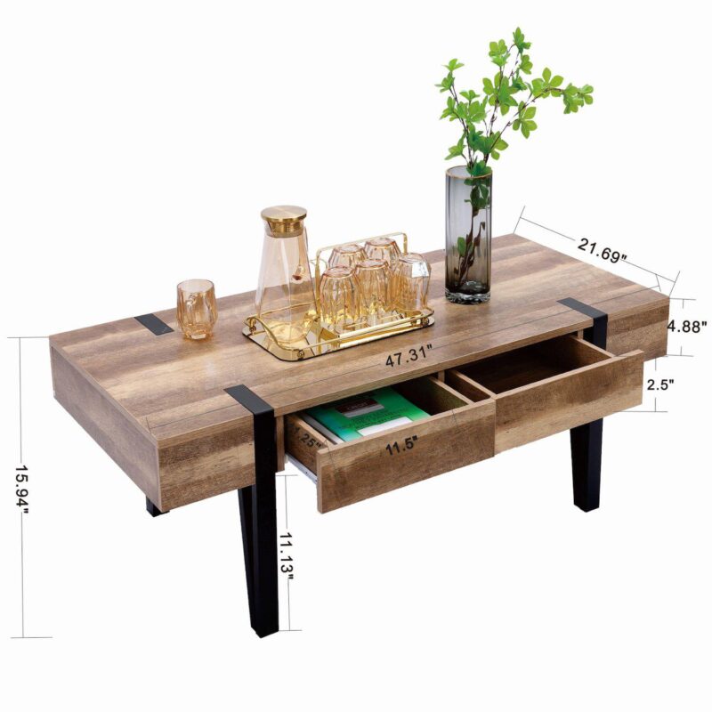 LuxenHome Oak Finish Mdf Wood Black Metal 2-drawer Coffee Table - Image 5