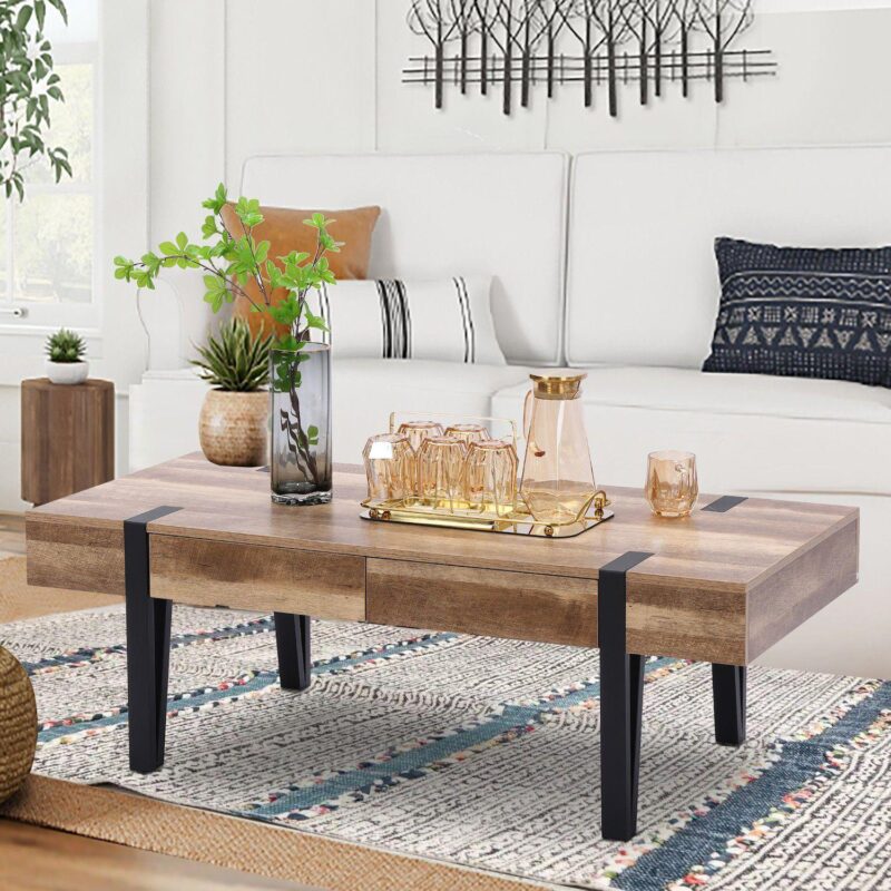 LuxenHome Oak Finish Mdf Wood Black Metal 2-drawer Coffee Table - Image 2