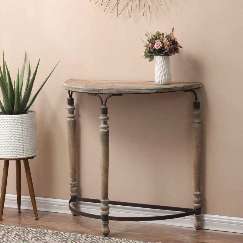 LuxenHome Rustic Wood And Metal Half Moon Console And Entry Table - Image 3