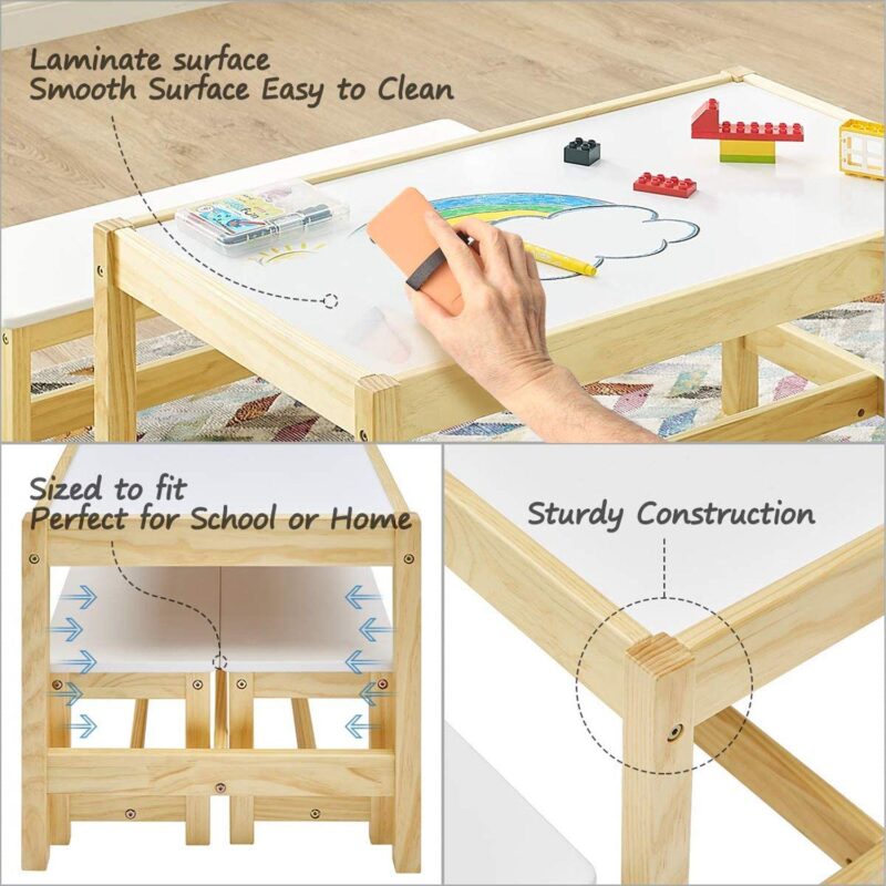 MUSEHOMEINC Wooden 3 In 1 Kids Toddlers Activity Play Table and Bench Chair Set - Image 4
