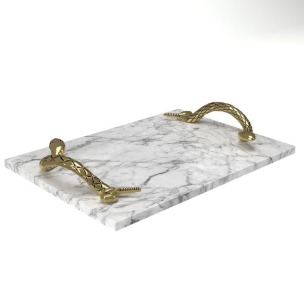 Mamba White Marble Decorative Serving Tray with Brass Snake Handles