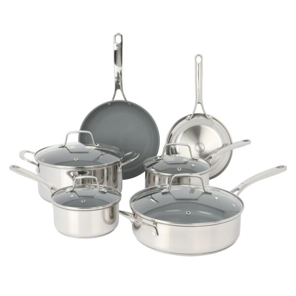 Martha Stewart Delaroux 10-Piece Stainless Steel Ceramic Nonstick Pots and Pans Set with Lids