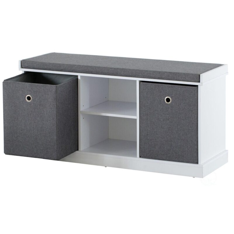 Mdf Storage Box Shoe Bench With 2 Shelves, Foldable Baskets And A Gray Cushion - Image 4