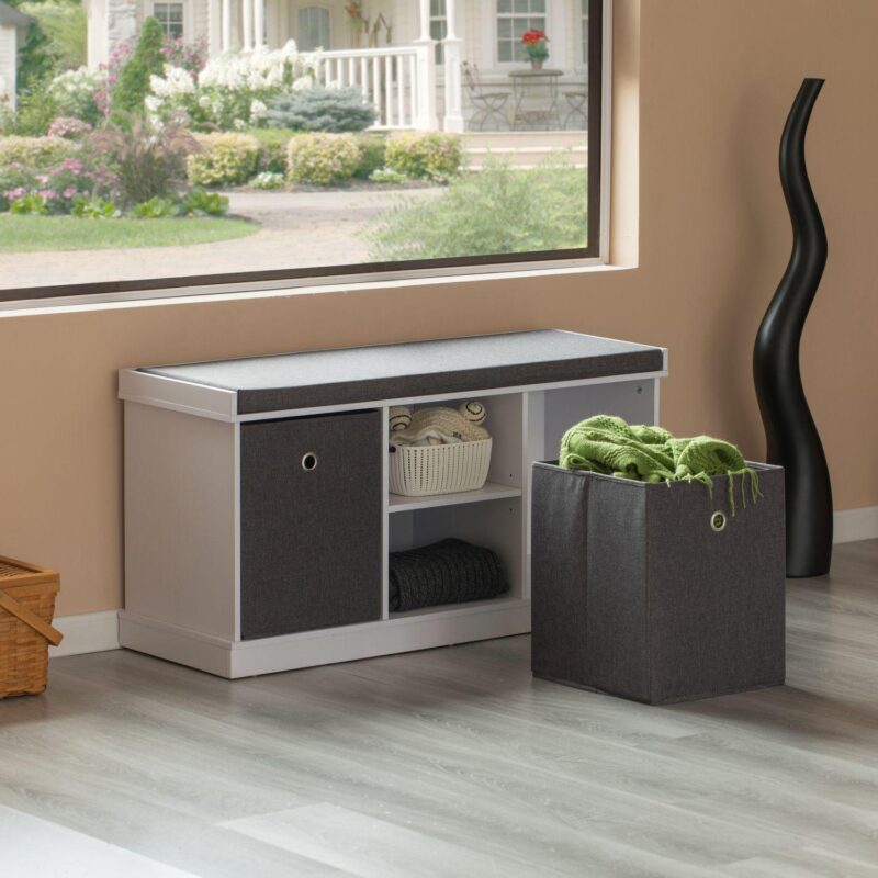 Mdf Storage Box Shoe Bench With 2 Shelves, Foldable Baskets And A Gray Cushion - Image 3