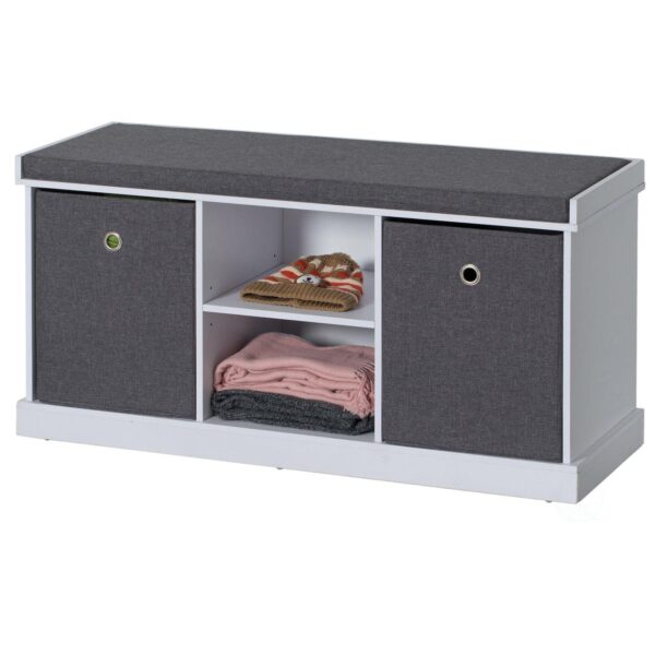 Mdf Storage Box Shoe Bench With 2 Shelves, Foldable Baskets And A Gray Cushion