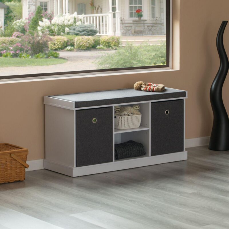 Mdf Storage Box Shoe Bench With 2 Shelves, Foldable Baskets And A Gray Cushion - Image 2