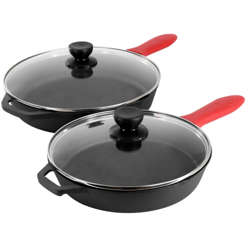 MegaChef 14 Piece Cast Iron Skillet Set with Tempered Glass Lids and Silicone Holders - Image 2