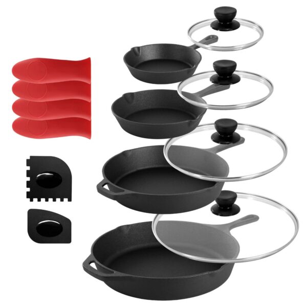 MegaChef 14 Piece Cast Iron Skillet Set with Tempered Glass Lids and Silicone Holders