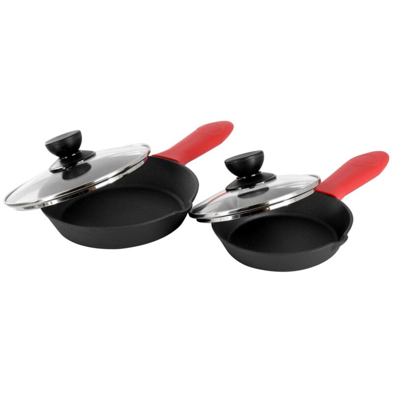 MegaChef 14 Piece Cast Iron Skillet Set with Tempered Glass Lids and Silicone Holders - Image 3