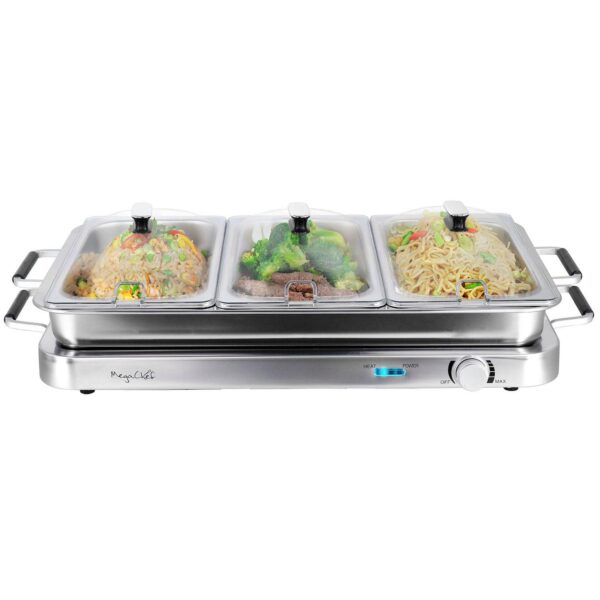 MegaChef 3-in-1 Electric Chafing Buffet Server and Warming Tray with Triple 2.63 qt. Trays and 8.6 qt. Baking Pan