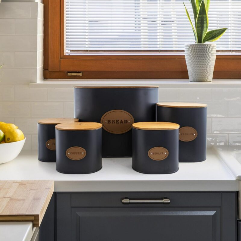 MegaChef Kitchen Food Storage and Organization 5 Piece Canister Set in Grey with Bamboo Lids - Image 8