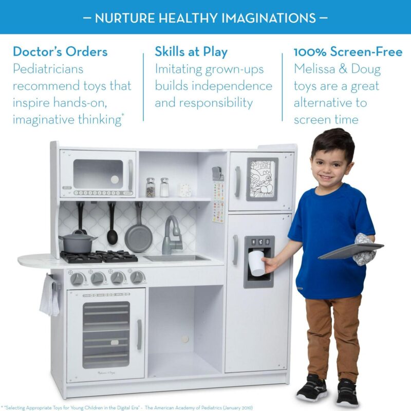 Melissa and Doug Wooden Chefa s Pretend Play Toy Kitchen With a Icea Cube Dispenser a Cloud White - FSC Certified - Image 8