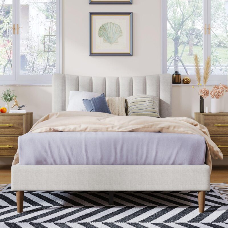Merax Full Size Upholstered Platform Bed Frame with Vertical Channel Tufted Headboard - Image 2