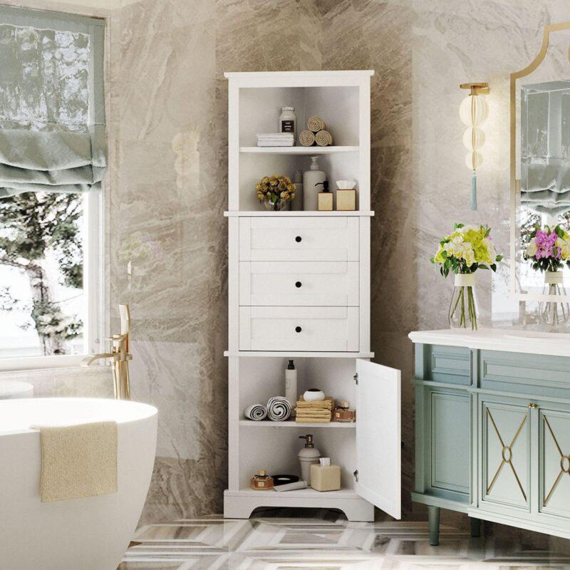 Merax Triangle Tall Cabinet With 3 Drawers And Adjustable Shelves For Bathroom - Image 2