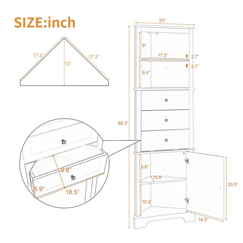 Merax Triangle Tall Cabinet With 3 Drawers And Adjustable Shelves For Bathroom - Image 5