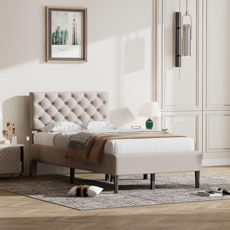 Merax Upholstered Linen Platform Bed - Image 2