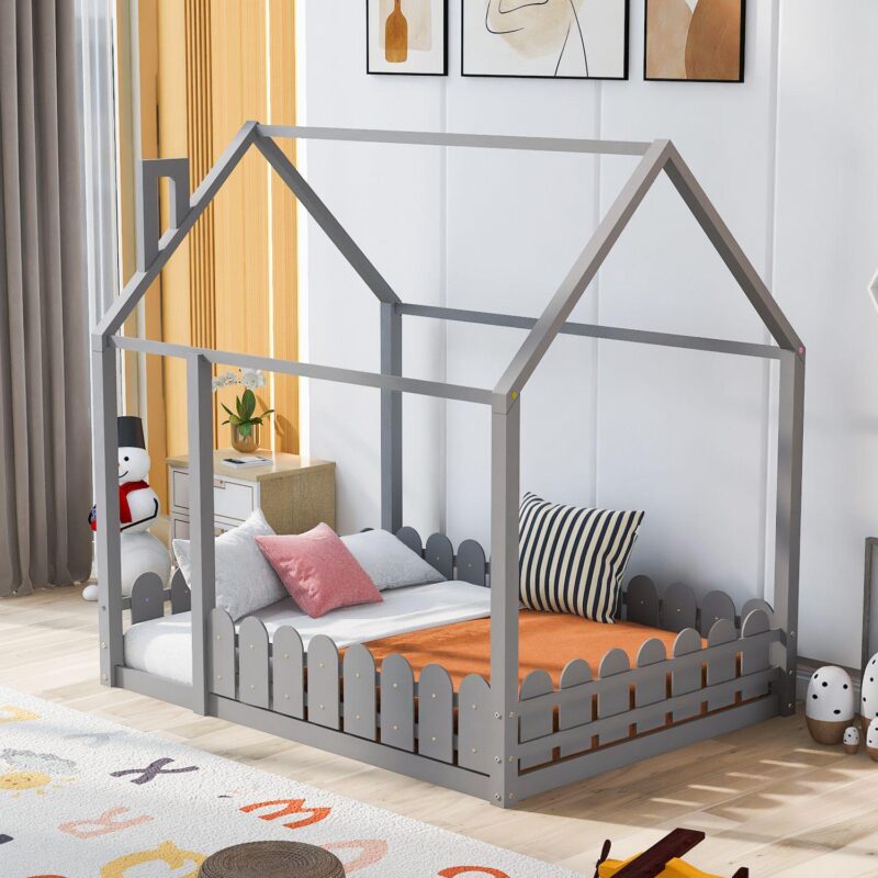 Merax Wood Bed House Bed Frame with Fence - Image 2