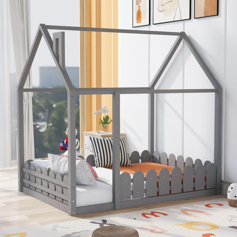 Merax Wood Bed House Bed Frame with Fence - Image 3