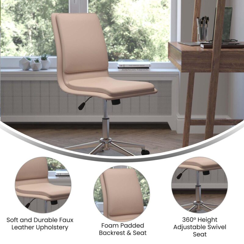 Merrick Lane Artemis Mid-Back Armless Home Office Chair with Height Adjustable Swivel Seat and Five Star Chrome Base, Taupe Faux Leather - Image 4