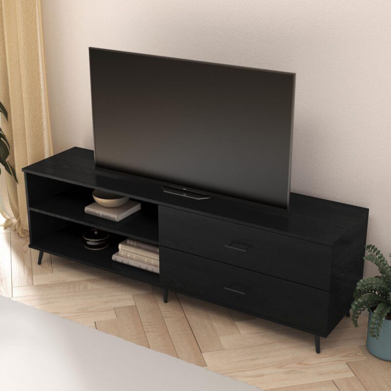 Merrick Lane Erikson Mid-Century Modern TV Stand with Adjustable Shelves and Two Drawers - Image 3