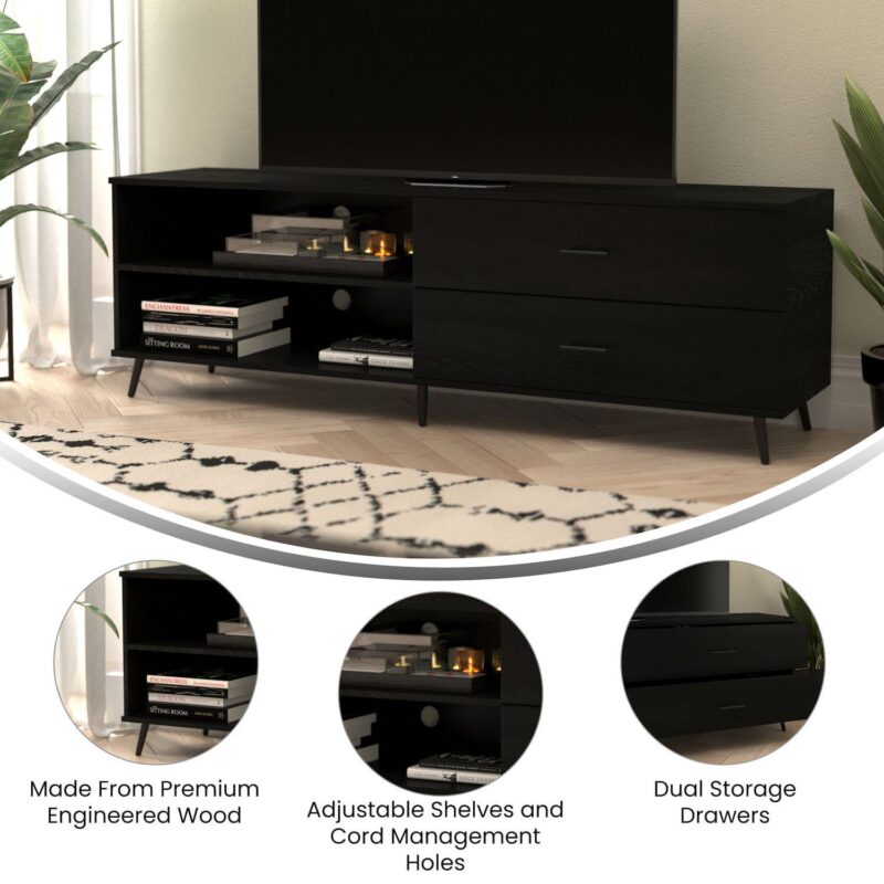 Merrick Lane Erikson Mid-Century Modern TV Stand with Adjustable Shelves and Two Drawers - Image 4
