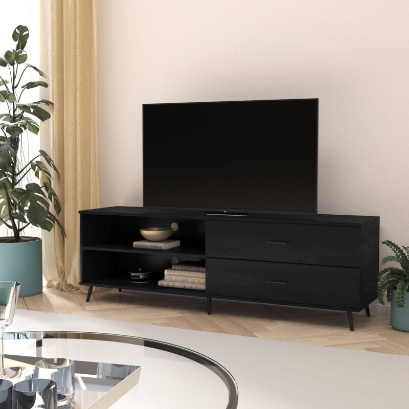 Merrick Lane Erikson Mid-Century Modern TV Stand with Adjustable Shelves and Two Drawers - Image 2