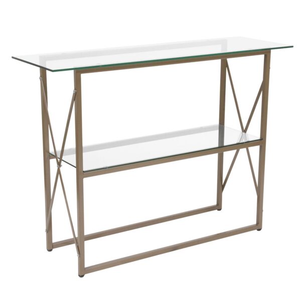 Merrick Lane Harlowe Console Table Modern Clear Glass Sofa Table with Gold Crisscross Frame and 2 Tempered Glass Shelves