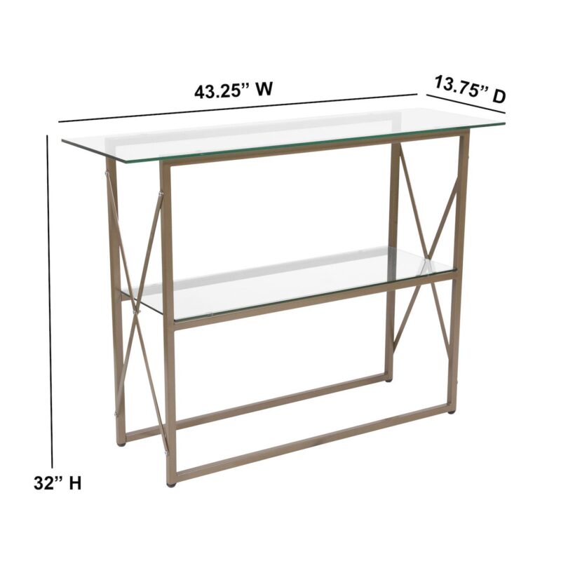 Merrick Lane Harlowe Console Table Modern Clear Glass Sofa Table with Gold Crisscross Frame and 2 Tempered Glass Shelves - Image 5