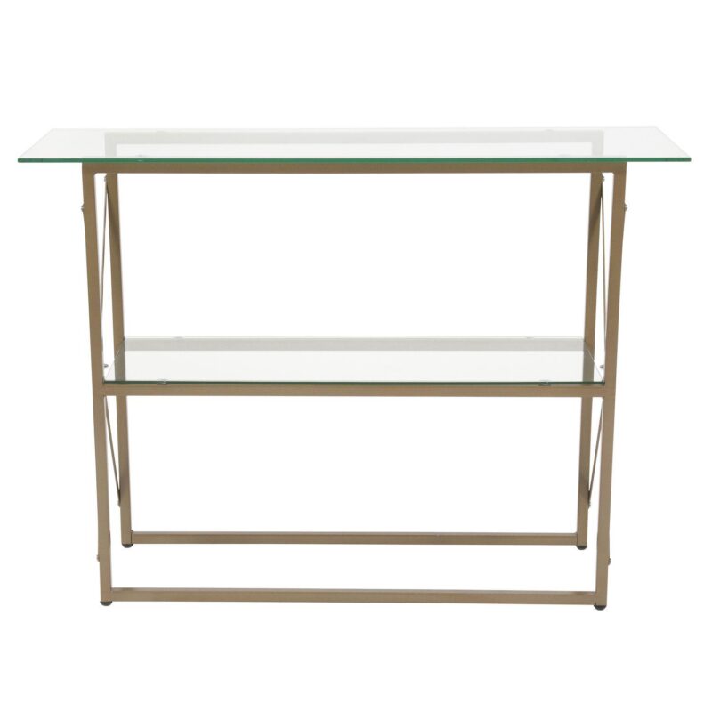 Merrick Lane Harlowe Console Table Modern Clear Glass Sofa Table with Gold Crisscross Frame and 2 Tempered Glass Shelves - Image 4