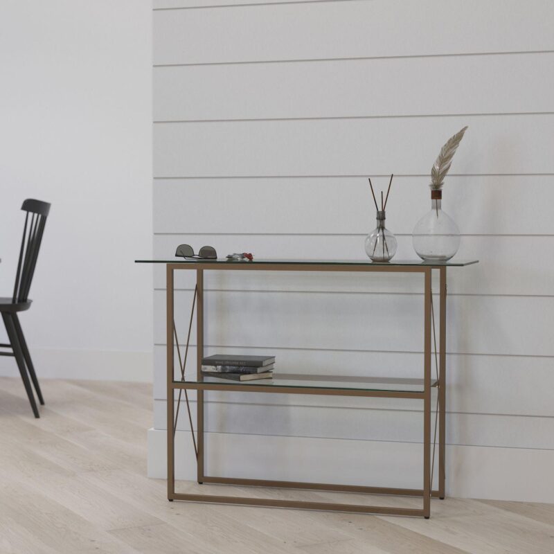 Merrick Lane Harlowe Console Table Modern Clear Glass Sofa Table with Gold Crisscross Frame and 2 Tempered Glass Shelves - Image 2