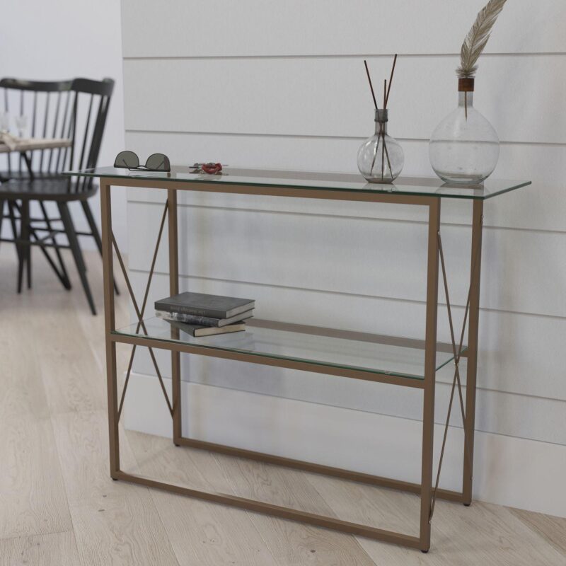 Merrick Lane Harlowe Console Table Modern Clear Glass Sofa Table with Gold Crisscross Frame and 2 Tempered Glass Shelves - Image 3