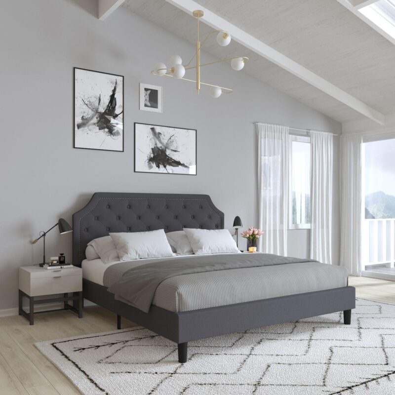 Merrick Lane Provence Platform Bed with Slatted Support, Tufted Upholstery and Accent Nail Trim - Image 2
