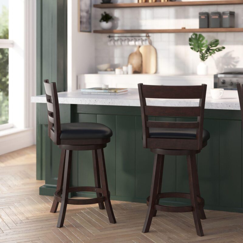 Merrick Lane Silla 24  Classic Wooden Ladderback Swivel Counter Height Stool with Upholstered Padded Seat and Integrated Footrest - Image 3