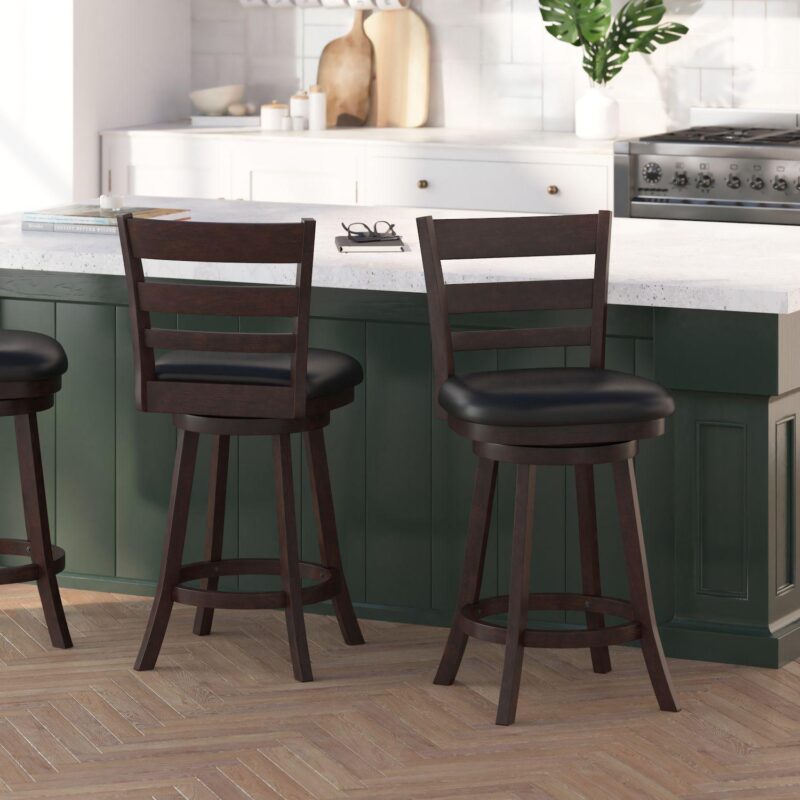 Merrick Lane Silla 24  Classic Wooden Ladderback Swivel Counter Height Stool with Upholstered Padded Seat and Integrated Footrest - Image 2