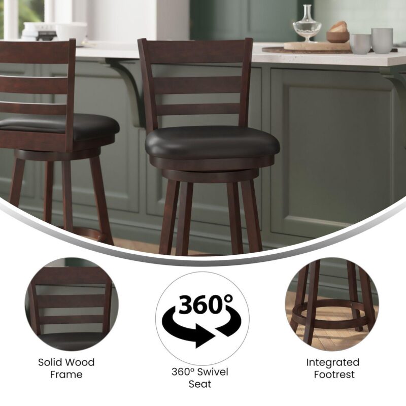 Merrick Lane Silla 24  Classic Wooden Ladderback Swivel Counter Height Stool with Upholstered Padded Seat and Integrated Footrest - Image 4