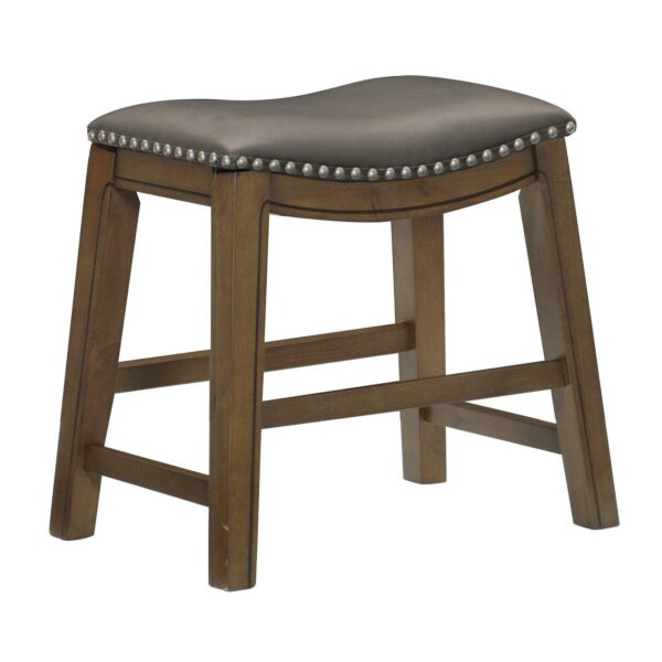 Miel 20 Inch Dining Stool, Gray Faux Leather, Brown Solid Wood, Nailheads