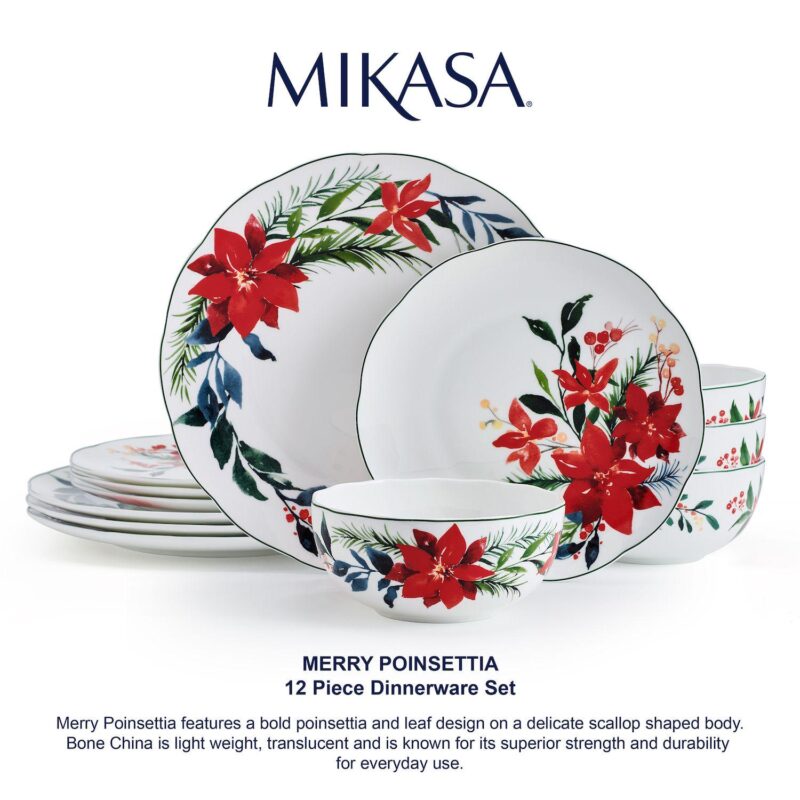 Mikasa Merry Poinsettia 12-Piece Dinnerware Set - Image 7