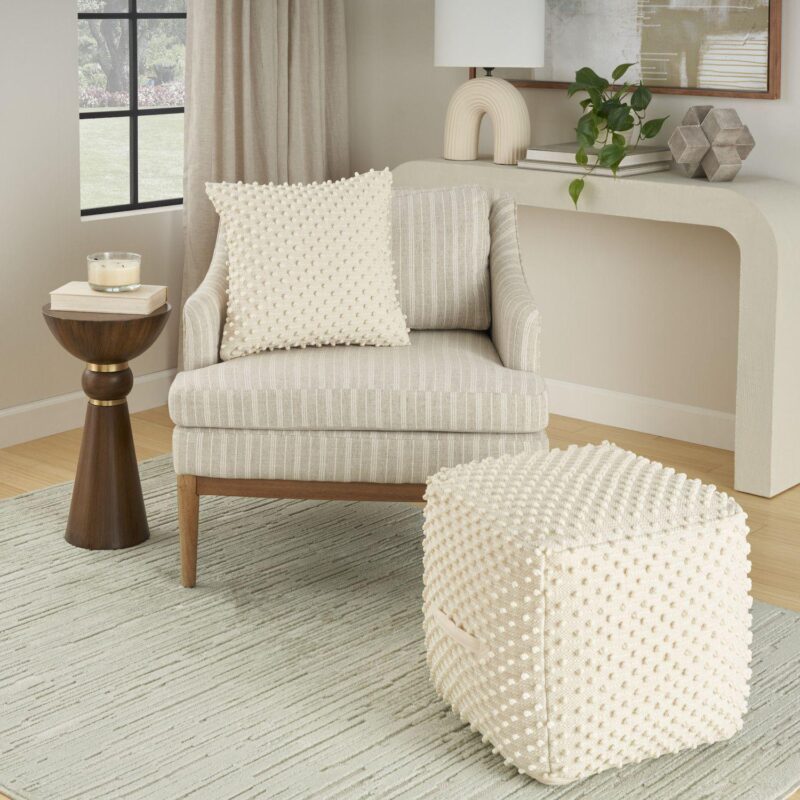 Mina Victory Lifestyle Loop Dots Ivory Indoor Pouf with Side Handles - Image 3