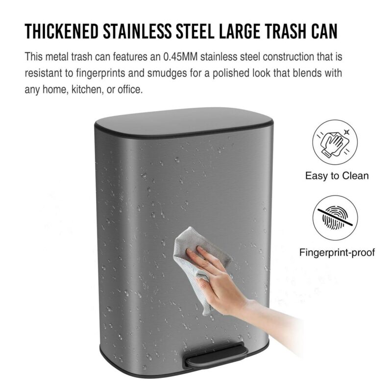 Miniyam 13 Gallon Stainless Steel Foot Pedal Large Trash Can with Soft Close Quiet Lid, Oval Garbage Can for Kitchen, Commercial, Home, Office, Silver - Image 2
