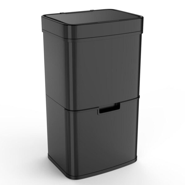 Miniyam 16-Gallon Stainless Steel Trash Can with Dual Compartments, Sensor Lid, and Caster Wheels, Black