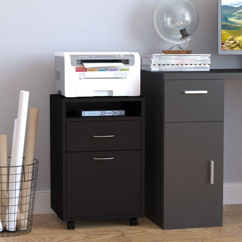 Mobile File Cabinet Organizer Home Office Filing Organizer W/ Castor, Key, Brown - Image 3