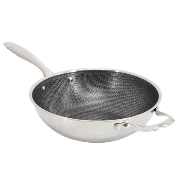 Modessa 11 Inch Nonstick Triply Stainless Steel Wok with Honeycomb Design in Silver