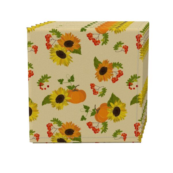 Napkin Set of 4, 100% Cotton, 20x20 , Autumn Sunflowers with Pumpkins