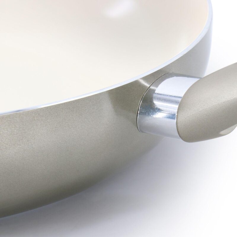 Newcrest 12 Inch Ceramic Nonstick Round Aluminum Frying Pan in Taupe With Soft Grip Handle - Image 4