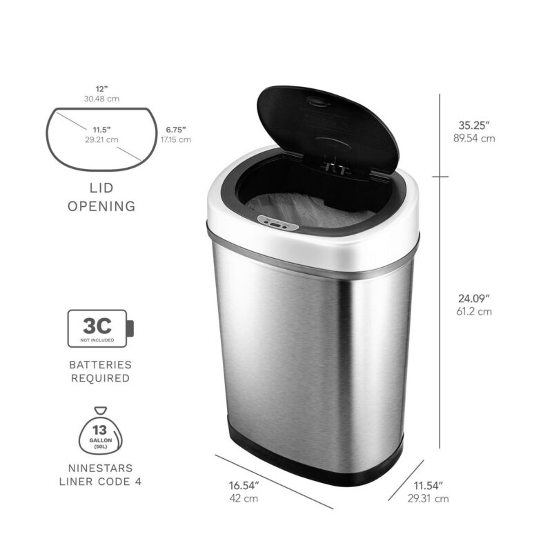 Nine Stars 11.1 Gal / 42L Motion Sensor Oval Trash Can, Fingerprint-Resistant Stainless Steel - Image 7
