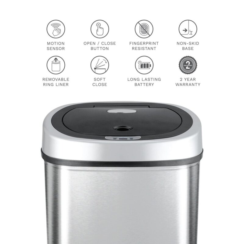 Nine Stars 11.1 Gal / 42L Motion Sensor Oval Trash Can, Fingerprint-Resistant Stainless Steel - Image 6