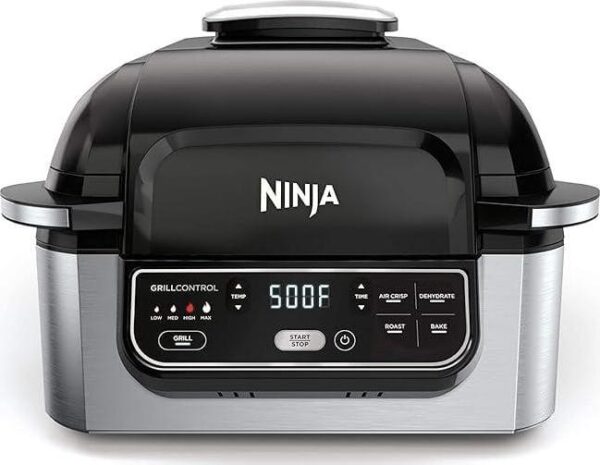 Ninja AG301 Foodi 5-in-1 Indoor Electric Grill with Air Fry, Roast, Bake and Dehydrate - Programmable, Black/Silver