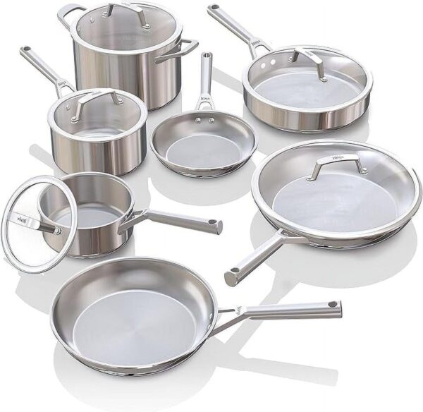 Ninja EverClad Stainless Steel Cookware 12 Piece Pots and Pans Set, All Stovetops and Induction, Oven Safe to 600A F, PFAS Free, Tri-Ply Commercial-Grade, C99012