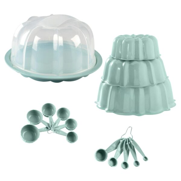 Nordic Ware 16pc Bundt Baking and Measuring set, Bundt, Plastic Keeper, Measuring Spoons and Cups, Sea Glass Blue